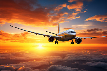 Majestic Sunset View with Plane Silhouette Soaring Across the Mesmerizing Horizonsの素材