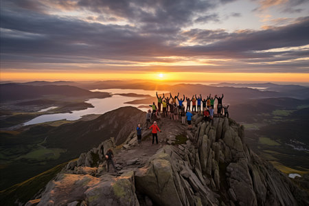 Hikers Celebrating Summit Achievement at Sunset with Breathtaking Mountain Peaks as Backdropの素材