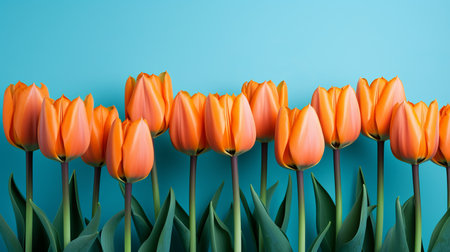 Stunning Vibrant Orange Tulips. Captivating Composition Against a Spacious Solid Blue Backdropの素材