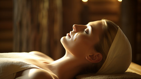 Stunning Portrait of a Serene and Radiant Young Woman Enjoying an Array of Pampering Spa Treatmentsの素材