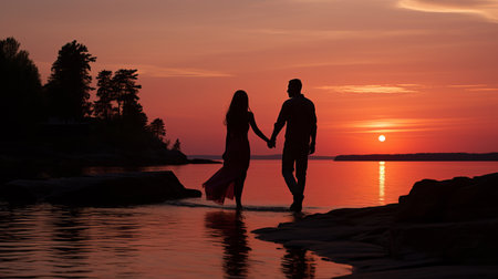 Romantic Young Couple Walking Hand in Hand on a Stunning Paradise Island Beach at Sunriseの素材
