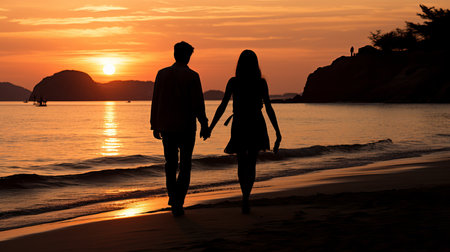 A couple of young people, holding hands, walk along a paradise island towards the dawnの素材