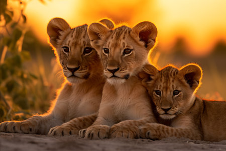 Majestic lion pride resting in the golden glow of the african savannah at sunsetの素材