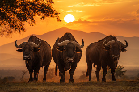 Wild buffaloes grazing in the glowing african savannah during the stunning sunsetの素材
