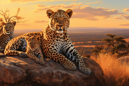 Breathtaking view of leopards relaxing in warm sunset glow across vast african savannahの素材