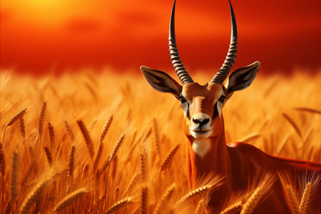 A serene antelope grazing peacefully in the golden african savannah during mesmerizing sunsetの素材
