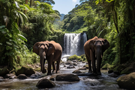 Magnificent view of elephants roaming in lush jungle with majestic waterfall in the backgroundの素材