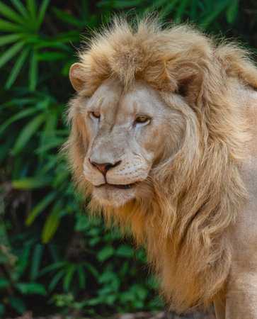 Portrait of a lion in close-up against a background of tropical greenery