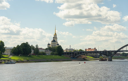 view of the embankment and the Transfiguration Cathedral of the city of Rybinskの写真素材