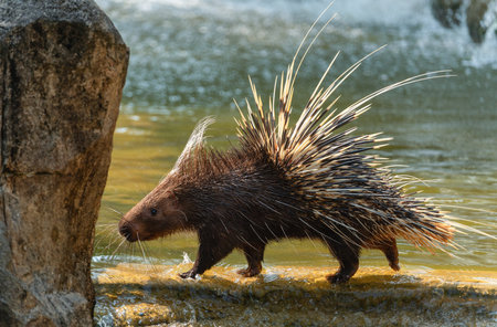 Porcupine walks in shallow water close-upの写真素材