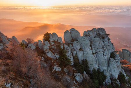 Dawn on Mount Demerdzhi in Crimeaの写真素材