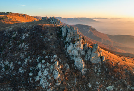 View of the peaks of Mount Demerdzhi in Crimea at sunriseの写真素材