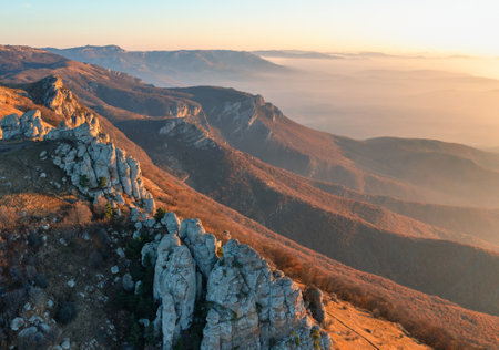View of the peaks of Mount Demerdzhi in Crimea at sunriseの写真素材