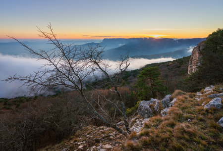 Sunset in the mountains in late autumnの写真素材