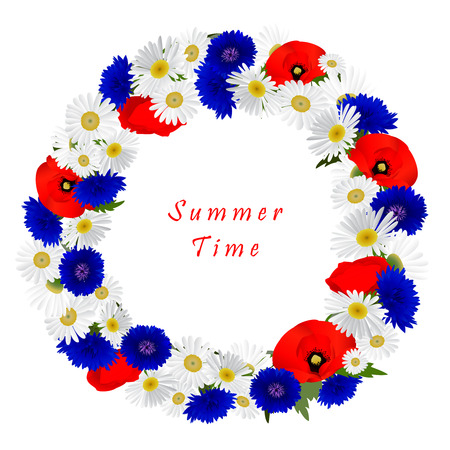 Vector white background with chamomile, cornflowers and red flowers poppiesのイラスト素材