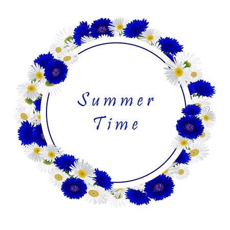 Vector white background with flowers chamomile, cornflowersのイラスト素材