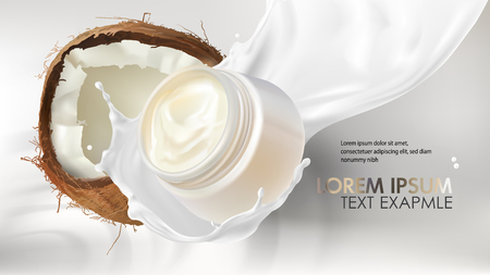 Cosmetic realistic vector background. White open jar with organic cream falling in milk splash near cracked coconut. Mock up promo banner, concept poster for natural cosmetics, organic product adのイラスト素材
