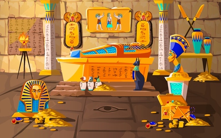 Ancient Egypt tomb of pharaoh cartoons vector illustration. Egyptian pyramid interior with golden sarcophagus, hieroglyphs and mural, scarab beetles, ritual vases and other religious symbols, treasureのイラスト素材