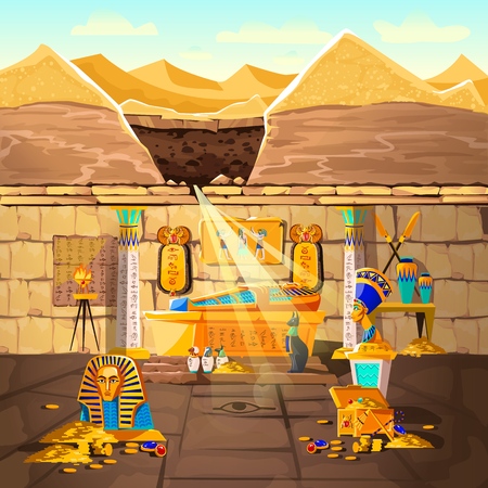 Ancient Egypt pharaoh lost tomb, underground cartoon vector illustration. Archeological excavations, treasures hunting concept. Desert, dug sand and sunbeam in crypt with sarcophagus and gold coinsのイラスト素材