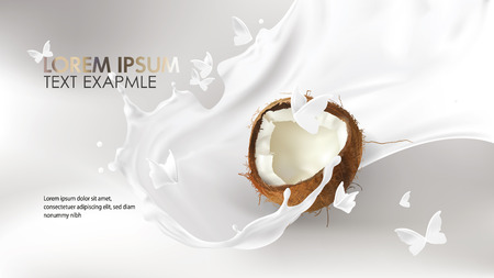 Coconut milk splash swirl realistic vector background. White liquid organic milk on blurred background with white silhouettes of flying butterflies, packaging design element for cosmetics and foodのイラスト素材