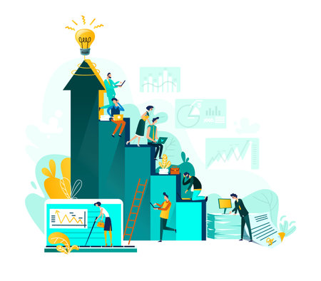 Goal achievement and teamwork business concept, career growth and cooperation for development of project, idea vector flat cartoon illustration. Ladder of success and people working at every stepのイラスト素材