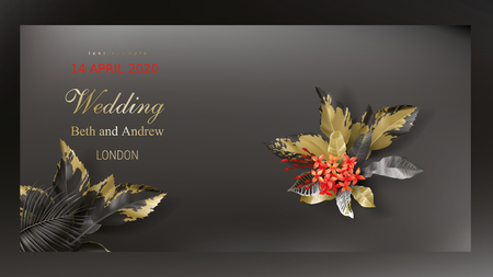 Tropical black and gold leaves on dark background vector poster Beautiful botanical design with golden tropic jungle palm leaves, exotic red ixora flower Wedding ceremony invitation card, holiday saleのイラスト素材