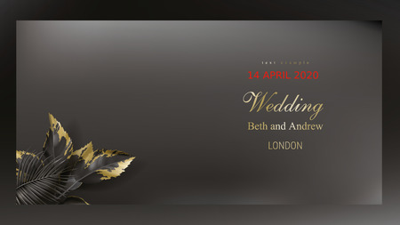 Tropical black and gold leaves on dark background vector poster Beautiful botanical design with golden tropic jungle palm leaves, exotic croton plant. Wedding ceremony invitation card, holiday saleのイラスト素材