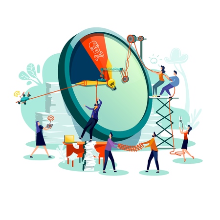 Deadline and time management business concept vector. Large watches and hurried workers pulling clock hand using rope pulley or block system, trying stop or slow down time, teamwork flat illustrationのイラスト素材