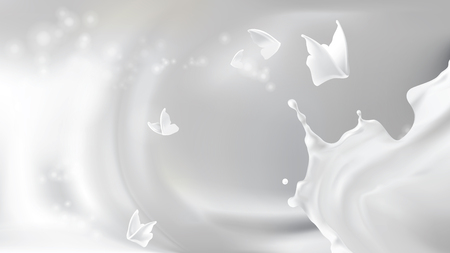 Milk pouring splash swirl shape and white liquid silhouettes of flying butterflies isolated on shining background. Design element for advertising and packaging of natural dairy products or cosmeticsのイラスト素材