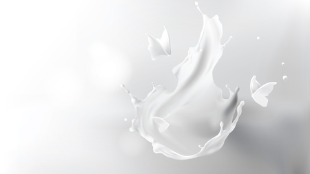 Milk splash crown shape and white liquid silhouettes of flying butterflies isolated on gray blurred background. Design element for advertising and packaging of natural dairy products or cosmeticsのイラスト素材