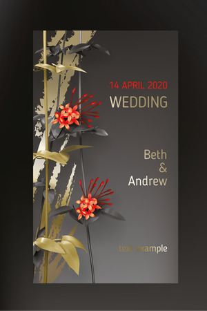 Tropical black gold leaves on dark background vector. Botanical design with golden tropic jungle creeper plant stem, exotic red flower and paint smear. Wedding ceremony invitation card, holiday saleのイラスト素材