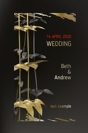 Tropical gold black leaves on dark background vector. Botanical exotic vertical design with golden tropic jungle creeper plant stem and paint smear. Wedding ceremony invitation card, holiday saleのイラスト素材