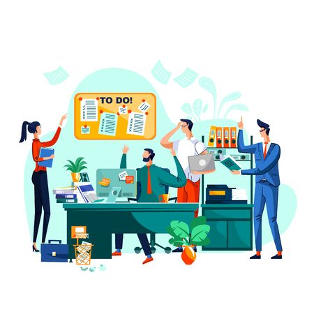 Deadline, teamwork and brainstorm business concept vector. Team of employees in company office working on project, staff cooperation, men and women generate ideas and put them on task boardのイラスト素材