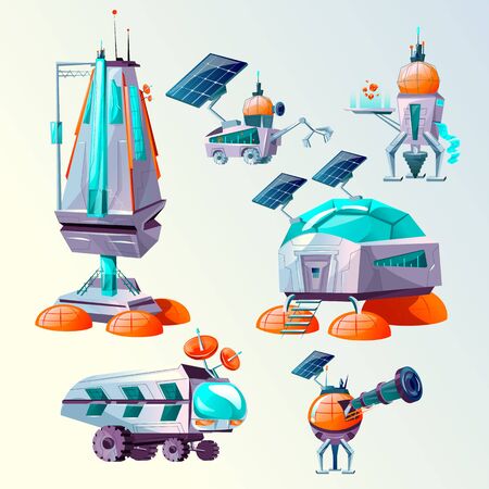 Space planet colonization vector cartoon set. Futuristic technology, sci-fi construction, space exploration. Cosmic ship or shuttle, mars rover, different bases and colony buildings or alien attackのイラスト素材