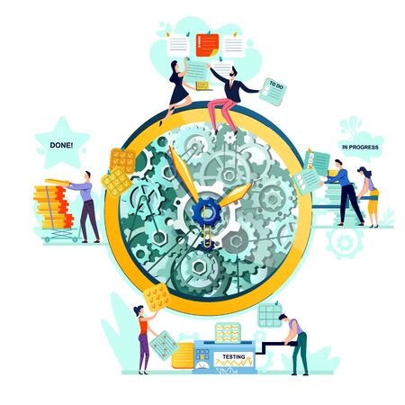 Deadline, time management, teamwork and business mechanisms concept vector. Large watches with gears and workers with task cards from to do to done. Hidden mechanisms and gears of business processesのイラスト素材