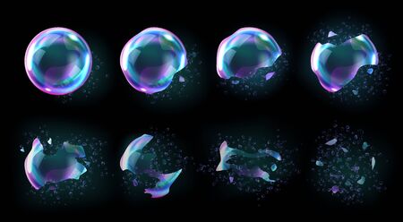 Bursting soap bubbles process stages, realistic transparent exploding air spheres of rainbow colors with reflections and highlights, isolated on checkered background, set of vector illustrationsのイラスト素材