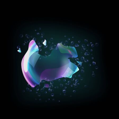 Bursting soap bubbles process stage vector illustration, realistic transparent exploding air spheres of rainbow colors with reflections and highlights, isolated on black backgroundのイラスト素材
