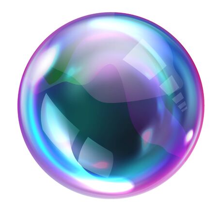 Soap bubble, realistic transparent air sphere of rainbow colors with reflections and highlights isolated on white background, vector illustrationsのイラスト素材