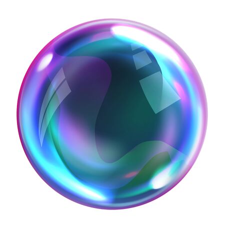 Soap bubble, realistic transparent air sphere of rainbow colors with reflections and highlights isolated on white background, vector illustrationsのイラスト素材
