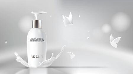 Milk cosmetics realistic vector blurred background. Skin care cosmetic product, body lotion in white bottle with silver dispenser in milk splash, crown with flying butterflies Mock-up promo posterのイラスト素材