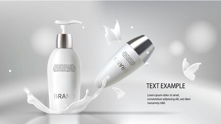 Milk cosmetics, realistic vector background with lotion and roll-on deodorant. Skin care in white bottles with silver caps in milk splash, crown with flying butterflies Mock-up cosmetic promo posterのイラスト素材
