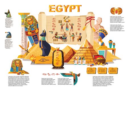 Ancient Egypt infographic cartoon vector travel concept. Papyrus scroll with hieroglyphs and Egyptian culture religious symbols, ancient gods, pyramids, pharaoh tomb, mummy, scarab and other landmarksのイラスト素材