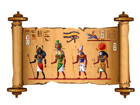 Ancient Egypt papyrus scroll cartoon vector with hieroglyphs and Egyptian culture religious symbols, Ra and Horus, falcons, sun gods, Khepri scarab, rising god and Khnum ram, keeper of Nile source.のイラスト素材
