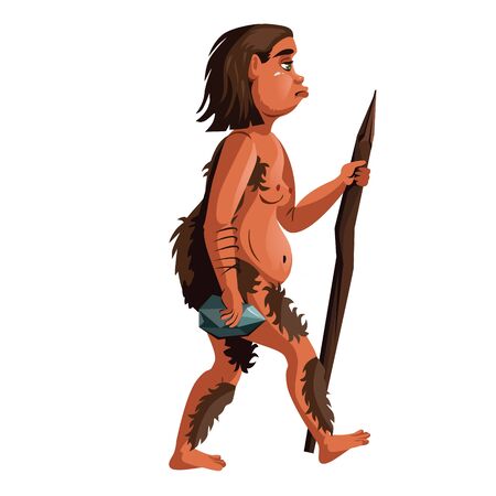 Ancient homo erectus or caveman, human ancestor cartoon vector illustration. Neanderthal with wooden stick and stone in hands, one of stages in Darwin evolutionary theory, isolated on white backgroundのイラスト素材