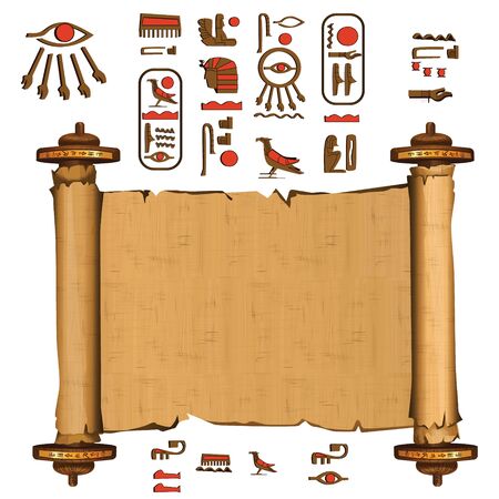 Ancient Egypt papyrus scroll with wooden rods cartoon vector. Ancient paper with hieroglyphs and Egyptian culture religious symbols, ancient gods, sacred bird, isolated manuscript on white backgroundのイラスト素材