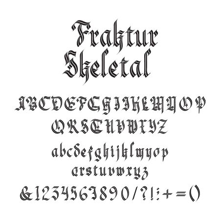 Vintage gothic font vector illustration. Set of unique decorative black capitals and lowercase calligraphic alphabet letters, numbers, symbols and signs on white for header or alcohol label designのイラスト素材