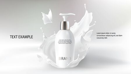 Milk cosmetics realistic vector blurred background. Skin care cosmetic product, body lotion in white bottle with silver dispenser in milk splash, crown with flying butterflies Mock-up promo posterのイラスト素材