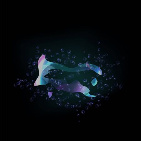 Bursting soap bubbles process stage vector illustration, realistic transparent exploding air spheres of rainbow colors with reflections and highlights, isolated on black backgroundのイラスト素材