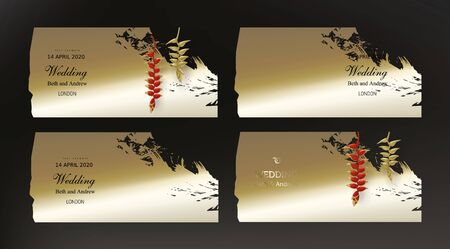 Tropical gold red heliconia plants on dark black background vector. Beautiful botanical vintage design with golden paint smear, tropic jungle exotic flower. Wedding invitation card, holiday saleのイラスト素材