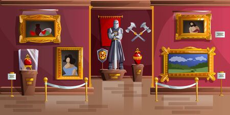 Museum exhibition room cartoon vector illustration. Palace interior, art gallery of medieval castle, empty hall with ancient portraits, knight armor statue and ancient weapons on wall, game backgroundのイラスト素材